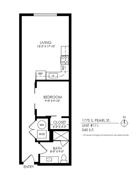 A black and white image of a floor plan for an apartment at 1775 S. Pearl St., Unit #111, 540 S.F.